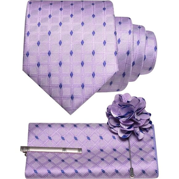 🆕Men Purple Plaid Checkered Necktie and Pocket with Tie Clip Lapel Pin Set Ties - Picture 1 of 4